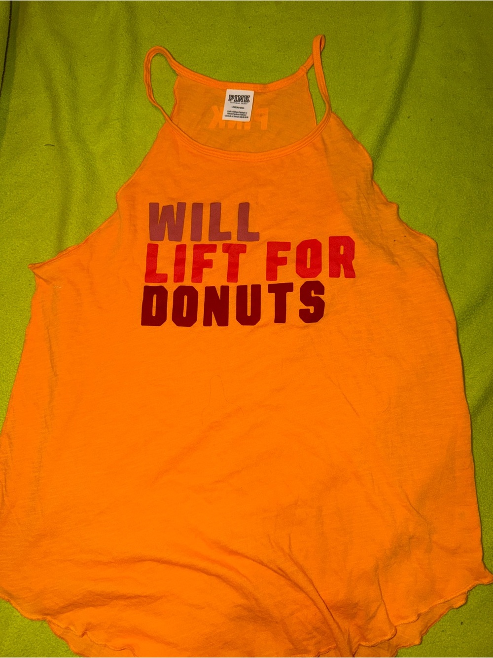 PINK Victoria's Secret Orange Tank Top with 'Will Lift for Donuts' Graphic